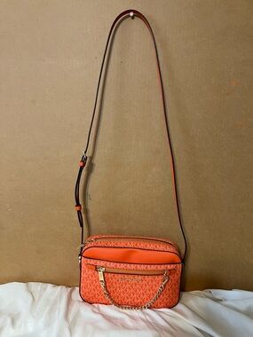 Michael Kors Orange Signature Logo Crossbody with Gold Chain